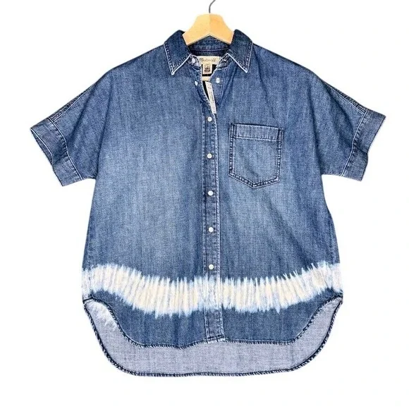 Madewell Denim Short Sleeve Tie Dye Bleach Button Down Shirt NV325 Blue XS NEW - Picture 1 of 10